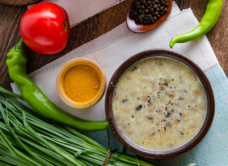 Borsch and mushroom soup served on table