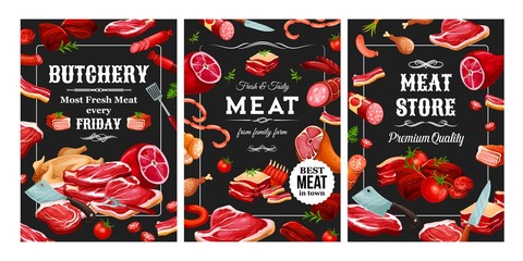 Butchery food, sausages and meat frame