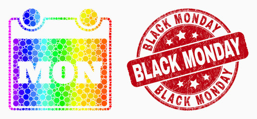 Dotted bright spectral monday calendar page mosaic pictogram and Black Monday stamp. Red vector rounded grunge seal stamp with Black Monday text. Vector collage in flat style.