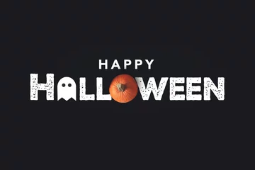 Foto op Aluminium Happy Halloween Distressed Text with Pumpkin and Ghost Over Black Background © IrisImages