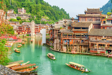 Fabulous view of wooden tourist boats on the Tuojiang River