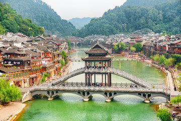High angle view of scenic bridge in Phoenix Ancient Town
