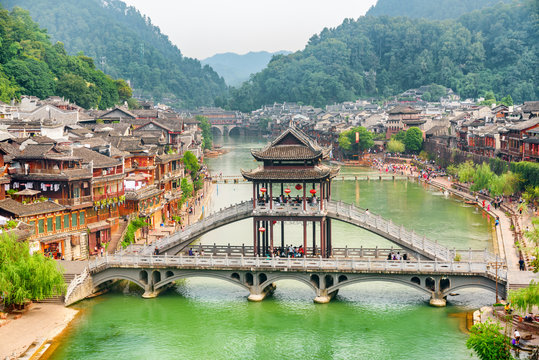High angle view of scenic bridge in Phoenix Ancient Town