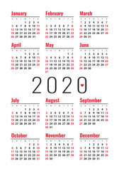 Calendar 2020 year. Vector design template. English vertical pocket calender. Week starts on Sunday