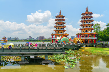 View of the Dragon and Tiger Pagodas at Lotus Lake