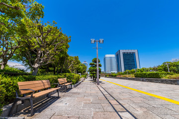 幕張新都心の遊歩道とベンチ