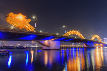 Amazing night view of the Dragon Bridge in Danang, Vietnam