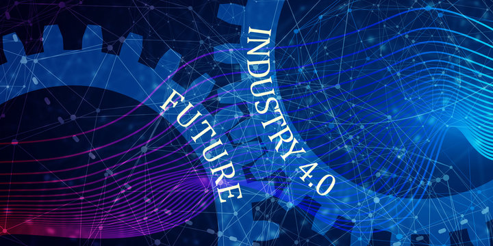 Industry four point zero text on the mechanism of gears. Communication concept in industrial design. Modern brochure design template. Polygonal shapes peaks. Polygonal mosaic background.