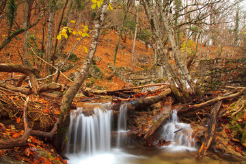 Beautiful autumn landscape with a waterfall in the autumn forest.