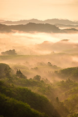 High views with views of mountains and fog interspersed among lush green forests at sunrise, golden light, sky and colorful clouds.