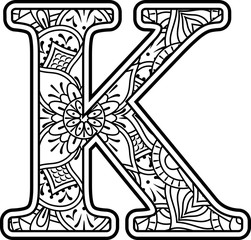 initial k in black and white with doodle ornaments and design elements from mandala art style for coloring. Isolated on white background