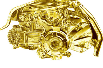 .Motorcycle engine shiny gold sparkling white background