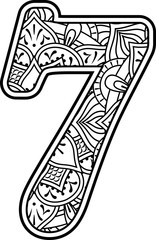 number 7 in black and white with doodle ornaments and design elements from mandala art style for coloring. Isolated on white background
