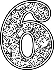 number 6 in black and white with doodle ornaments and design elements from mandala art style for coloring. Isolated on white background