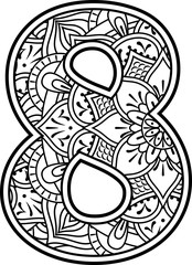 number 8 in black and white with doodle ornaments and design elements from mandala art style for coloring. Isolated on white background