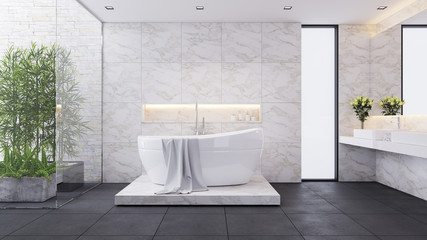 modern luxury bathroom design,white room,white bathtub on  marble wall ,3d render