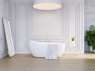 MOdern classic bathroom interior ,white bathtub on wood tile and white wall , 3drender