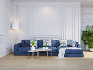 Modern classic interior of living room,blue sofa with gold lamp on wood flooring and white wall  ,3d rendering