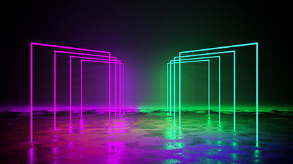 purple and green neon light  with blackground,and concrete floor,3d render