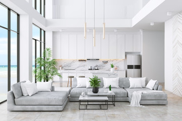 Modren living room and kitchen room  interior with sea view ,luxury home,villa ,3d render