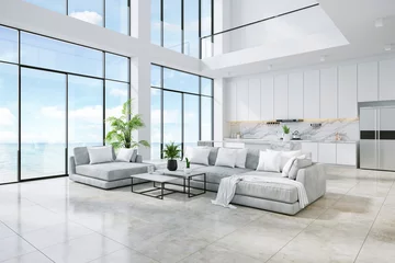 Fotobehang Modren woonkamer en keuken kamer interieur met uitzicht op zee, luxe huis, villa, 3d render © LEKSTOCK 3D