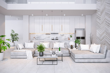 Modren living room and kitchen room  interior with sea view ,luxury home,villa ,3d render