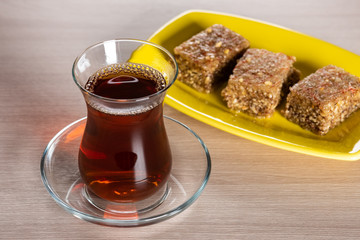 Fragrant black tea in a glass