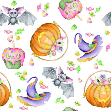 Halloween seamless pattern, Watercolor. with three witches and cauldron on the black background. Halloween seamless pattern. Halloween seamless pattern with kids in costumes.