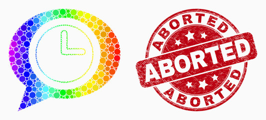 Obraz premium Dot spectrum time message balloon mosaic icon and Aborted seal. Red vector round distress seal stamp with Aborted message. Vector collage in flat style.