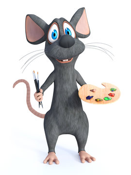3D rendering of a cartoon mouse holding brushes and palette.