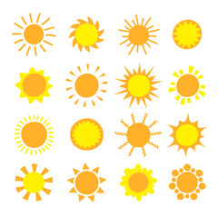 Cartoon sun collection. Yellow sun icons set isolated on white. Sun pictogram, summer symbol for website design, web button, mobile app.