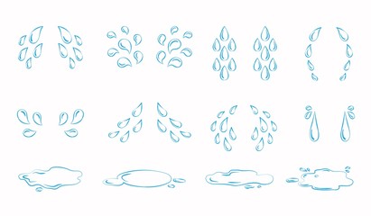 Contoured cartoon tear drops and puddles set. Sorrow weeping cry streams, tear blob or sweat drop. Stream of crying wet eyes tears or rain droplets splash shape.