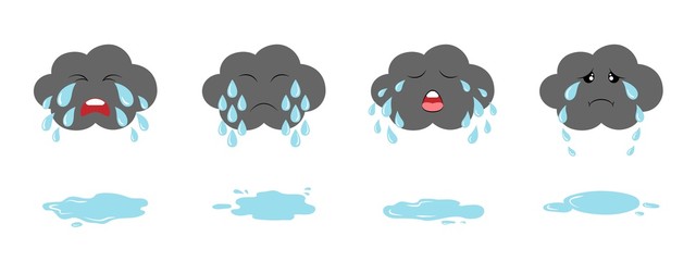 Set of dark crying clouds emoji and puddles. Fluffy rainy clouds. Cute cartoon weeping kawaii clouds collection.