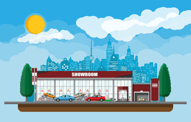 Fototapeta premium Exhibition pavilion, showroom or dealership. Car showroom building. Car center or store. Auto service and shop. Cityscape, road, house, tree, sky, cloud and sky. Vector illustration in flat style