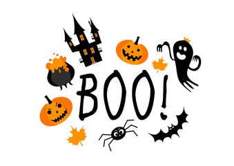 Boo! Hand drawn lettering and illustration. Vector illustration. Best banner for Halloween party