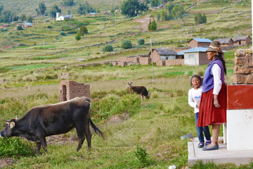 Native american farmer family. Beautiful landscape.