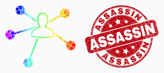 Dotted spectral user links mosaic pictogram and Assassin stamp. Red vector rounded textured stamp with Assassin phrase. Vector composition in flat style.