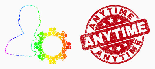 Pixelated spectral user options gear mosaic icon and Anytime watermark. Red vector rounded distress watermark with Anytime message. Vector collage in flat style.