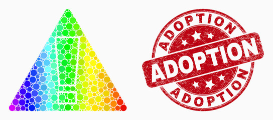 Dot spectrum warning mosaic icon and Adoption seal. Red vector rounded grunge stamp with Adoption phrase. Vector composition in flat style. Bright gradient warning mosaic of scattered circles,