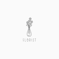 Line Art flower with bouquet Logo Icon Design Template. Florist, garden, gift, love