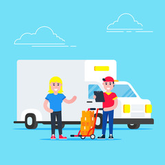 Fast delivery boy character with clipboard and trolley and boxes on it flat style design standing near woman behind car van. Delivery to home concept. Fast and free.