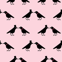 Two funny crows, a gentleman seduces a lady, cartoon Valentine pattern. Cute raven illustration