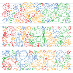 Fototapeta premium Painted by hand style pattern on the theme of childhood. Vector illustration for children design. Colorful drawing by pen on exercise notebook