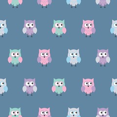 Cute flat owls pattern. Nice background for kids. On blue background.