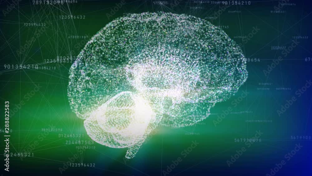 Poster Artificial intelligence concept. A low-poly brain and digital numbers connected with lines.
