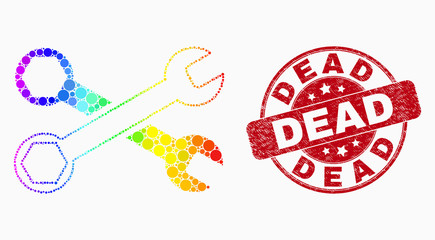 Pixelated spectral wrenches mosaic pictogram and Dead seal stamp. Red vector round textured seal with Dead title. Vector collage in flat style. Spectral gradient wrenches illustration of random dots,