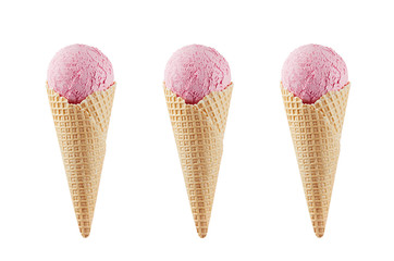 Set of three pink ice cream in crisp waffle cones isolated on white background, mock up for design.