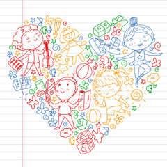 Painted by hand style pattern on the theme of childhood. Vector illustration for children design. Colorful drawing by pen on exercise notebook