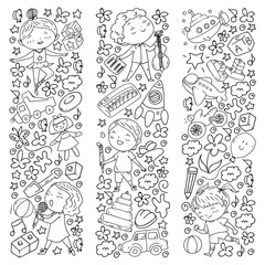 Painted by hand style pattern on the theme of childhood. Vector illustration for children design.Drawing by black pen on notebook.