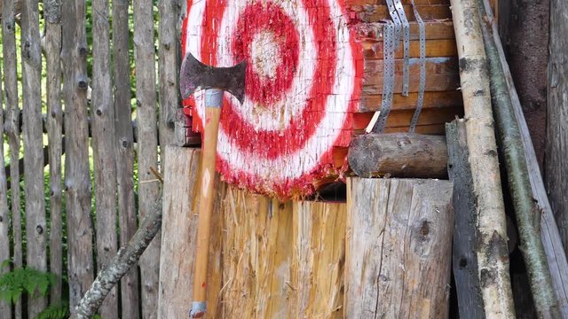 Axe is thrown with skill and hits a target - slow motion - concept: goal, target, aim, success